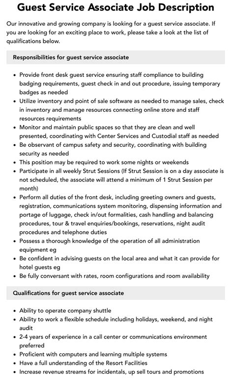 Guest Service Associate Job Description Velvet Jobs