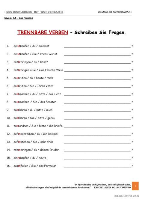 A Trennbare Verben Deutsch Daf Arbeitsbl Tter Pdf Doc