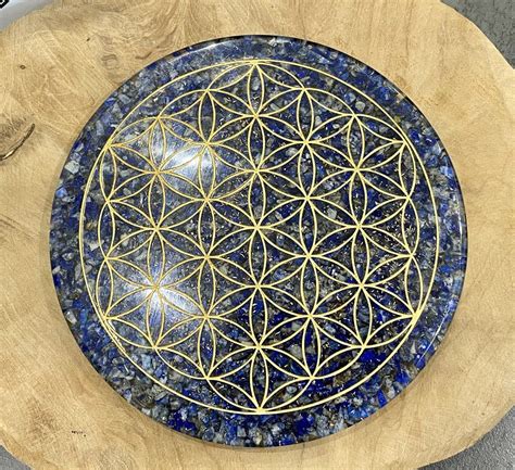 Plateau symbole énergétique Fleur de vie Lapis Lazuli 14 cm Esensmana