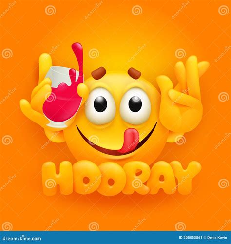 Hooray Greeting Card. Cute Emoji Cartoon Character with Glass of Red ...