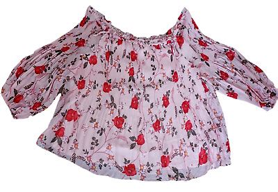 Lane Bryant Pink Floral Pleated Off The Shoulder Blouse Top Shirt Plus