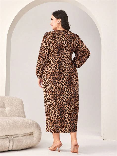 Shein Modely Plus Leopard Print Lantern Sleeve Split Thigh Dress