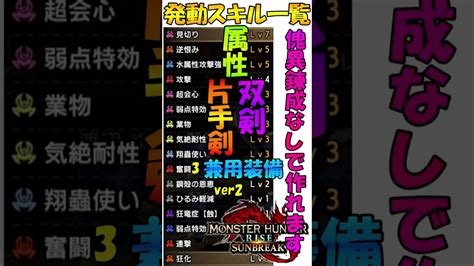 サンブレイク 片手剣 双剣 属性 兼用 装備 傀異錬成なしで組める 装飾品の付け替えで火・水・氷属性に対応できる 第4弾アプデ後装備採用 Mhr Sb モンハンライズsb Shorts