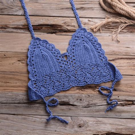 Women Bikini Crop Top Crochet Boho Bralette Halter Cami Knitted Bra