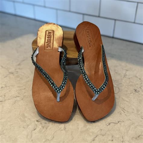 Mystique Leather Thong Sandal With Blue Rhinestone Depop