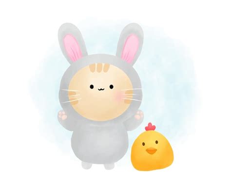 Premium Vector Cute Cat Wearing Rabbit Costume In Water Color Style