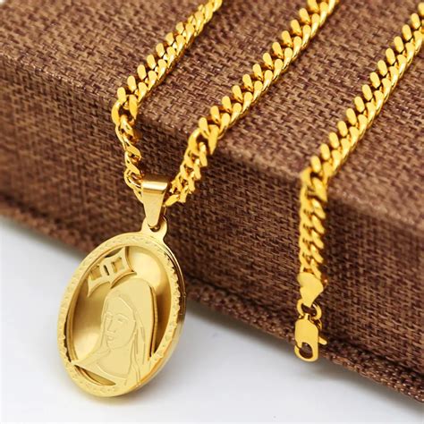 Gold Color Virgin Mary Pendant Chain Necklace Men Yellow Gold Filled