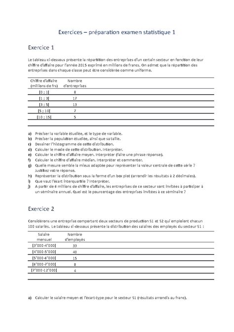 Statistique 1 Exercices Avec Solutions Exercices Préparation
