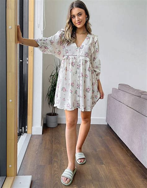 Asos Design Frill V Neck Button Through Mini Smock Dress In Floral