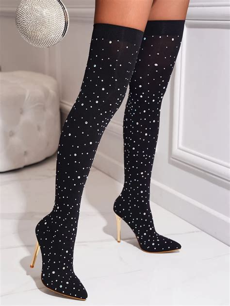 Womens Pointed Toe High Heeled Ankle Boots With Rhinestone Decor Black Party Shoes Stretch