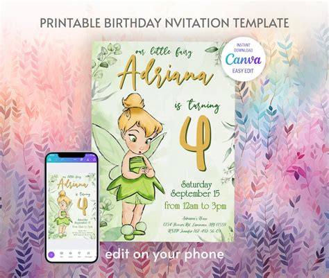 Printable Fairy Tinkerbell Fairy Birthday Invitation Tinker Bell