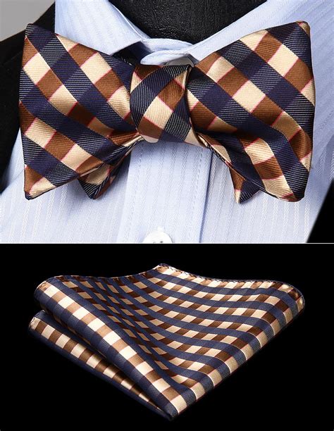 Self Bow Tie Classic Men Woven Ts For Men Brown Check Plaid Party Pocket Square Set Wedding