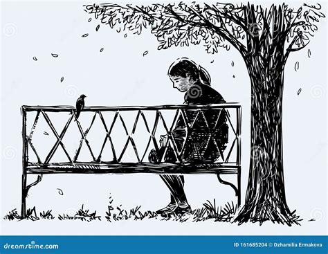 Dessin D Une Jeune Femme Assise Sur Un Banc De Parc Et Tristesse