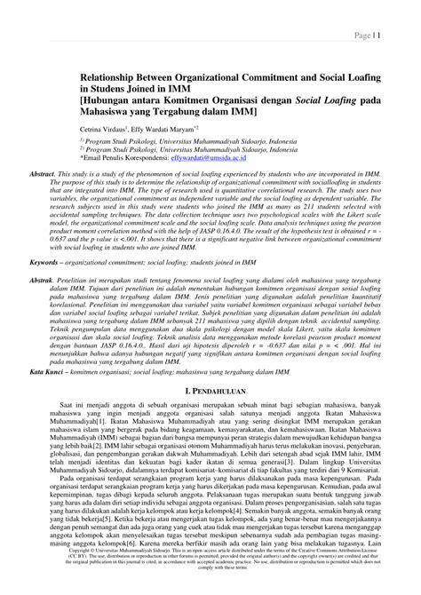 Pdf Relationship Between Organizational Commitment And Social Loafing