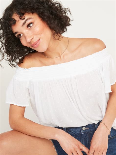 Smocked Off The Shoulder Crepe Clip Dot Top For Women Old Navy