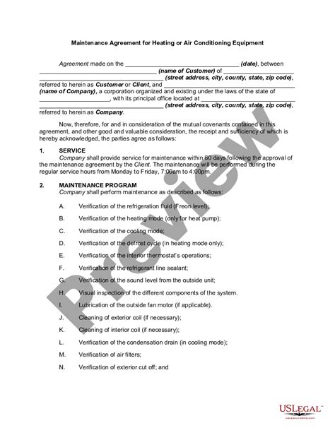 Maintenance Agreement For Heating Or Air Conditioning Equipment Us Legal Forms