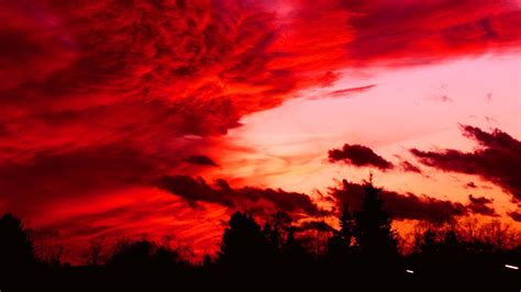 Dark Red Clouds Sky Above Green Trees During Nighttime HD Red Wallpapers | HD Wallpapers | ID #96379