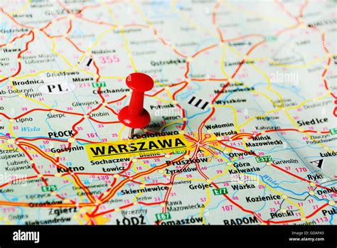 Close Up Of Warsaw Poland Map With Red Pin Stock Photo Alamy