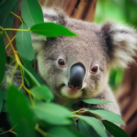 Un oso koala se sienta en un árbol con hojas Foto Premium