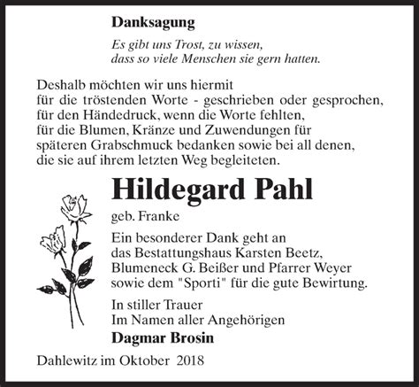 Traueranzeigen Von Hildegard Pahl Trauer Anzeigen De