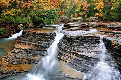 Six Finger Falls In Arkansas Is Surrounded In Fall Colors