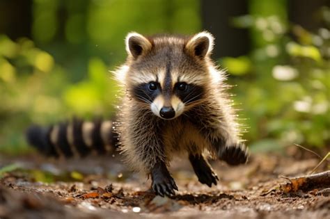 Premium Ai Image A Raccoon Running Through The Woods On A Sunny Day