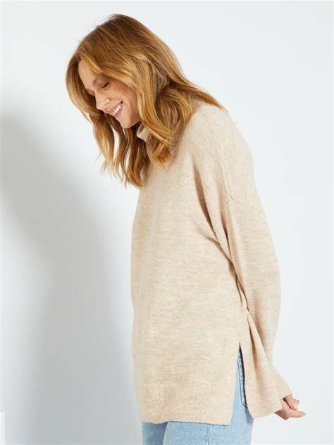 Pull Long Col Roul Et Maille Moulin E Beige Chin Kiabi