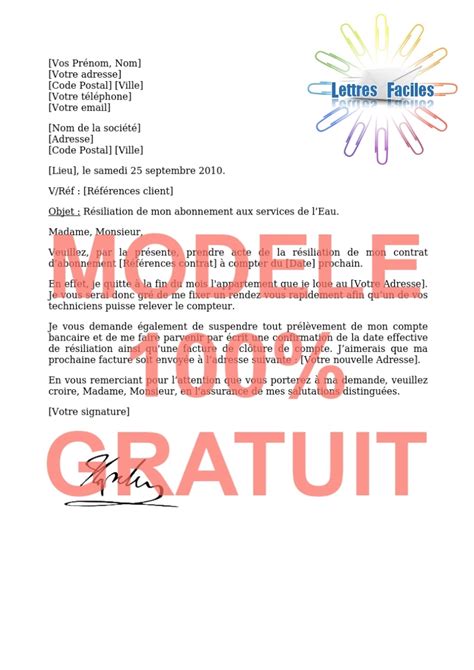 R Siliation Abonnement Eau D M Nagement Mod Le De Lettre Gratuit