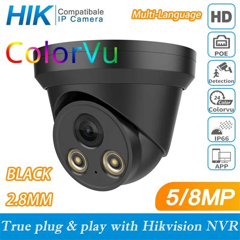 Hikvision Compatible Colorvu Black 5mp Dome Poe Ip Camera 8mp Home Security Cctv Camera 30m H