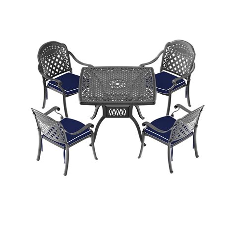 Isabella Black 5 Piece Cast Aluminum Outdoor Dining Set With Square Table And Dining Chairs With