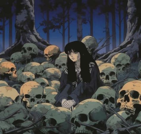 A Woman Sitting In The Middle Of A Pile Of Skulls With Her Hands On Her