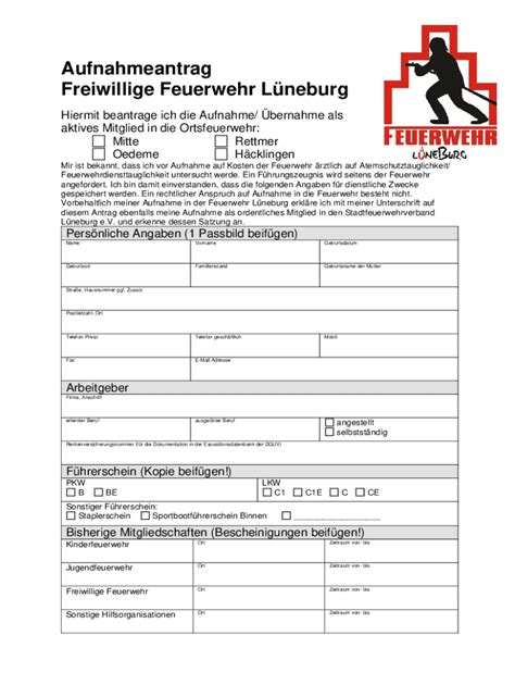 Ausfüllbar Online Antrag auf Aufnahme in Freiwillige Feuerwehr Fax