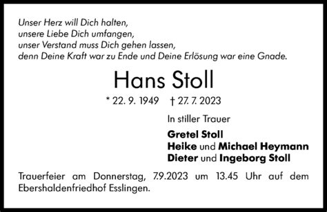 Traueranzeigen Von Hans Stoll Zeit Des Gedenkens De