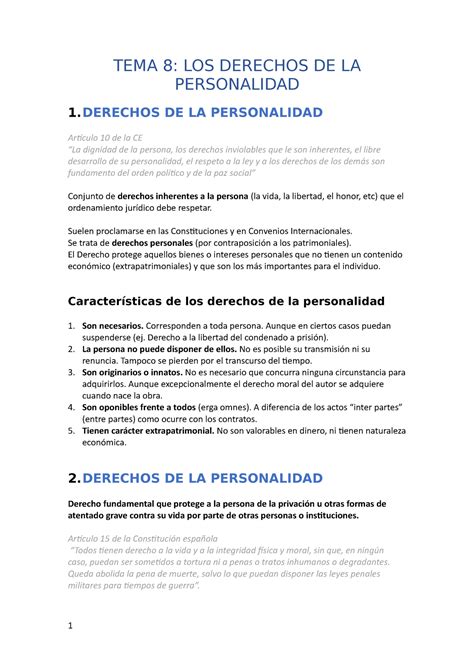 TEMA 8 Los Derechos De La Personalidad TEMA 8 LOS DERECHOS DE LA