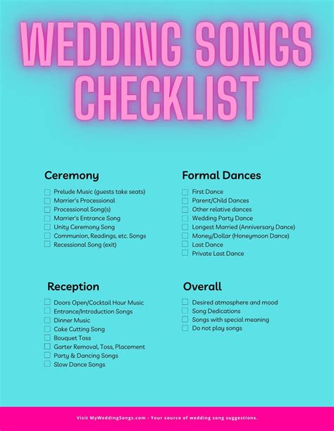 Wedding Songs Checklist Printable PDF Wedding Planning Music