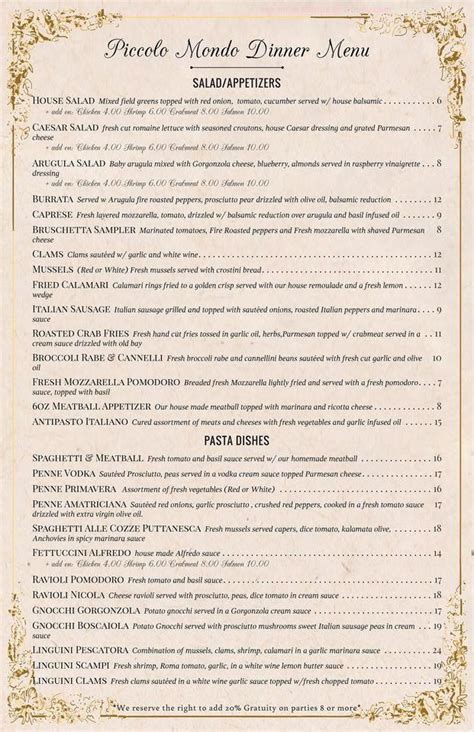 Online Menu Of Piccolo Mondo Restaurant Pottstown Pennsylvania 19465