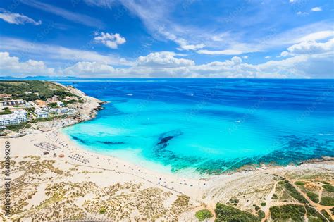 Aerial View Of Cala Mesquida Beach In Mallorca Islands Spain Stock