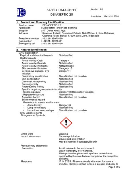 Sds Dekaseptic Pdf Toxicity Personal Protective Equipment