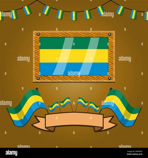 Gabon Flags On Frame Wood Label Simple Gradient And Vector