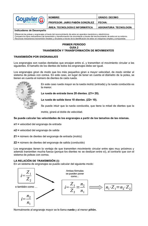 Calam O Transmisi N Y Transformaci N De Movimientos Engranajes