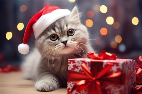 Chat mignon portant un bonnet de Noel avec fond d écran de cadeaux de