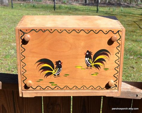 Vintage Wood Rooster Bread Box Cutting Board Door Bread Keeper Storage