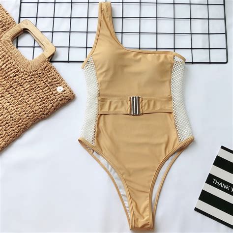Explosive One Piece Swimsuit One Shoulder Strap Belt Grid Bikini One Piece Swimsuit On Luulla