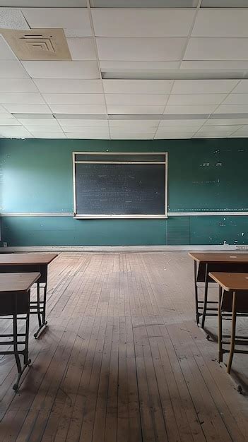 Empty Classroom With Desks Arranged Neatly And A Chalkboard In Front Premium Ai Generated Image