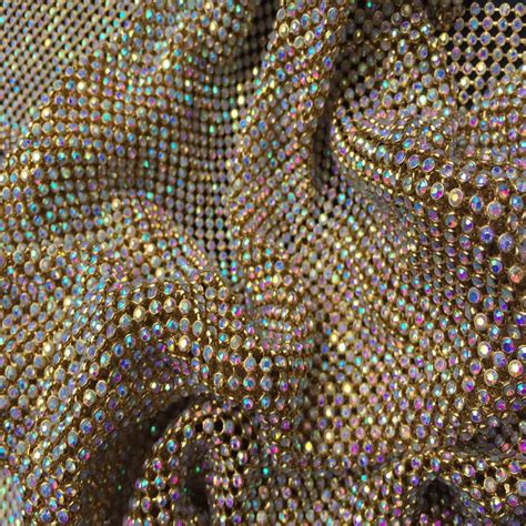 ZY Chunky Glitter AB Rhinestones GOLD Metal Mesh Fabric Metallic Cloth