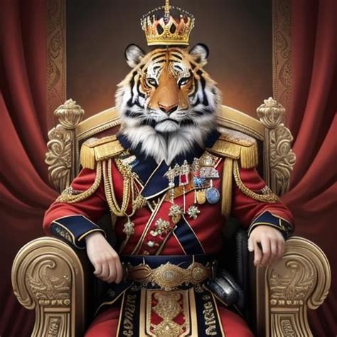 Siberian Tiger King Wearing Military Uniform Sitting On Throne Ai