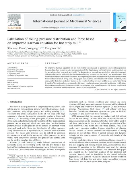 Pdf Calculation Of Rolling Pressure Distribution And Force Based On Improved Karman Equation