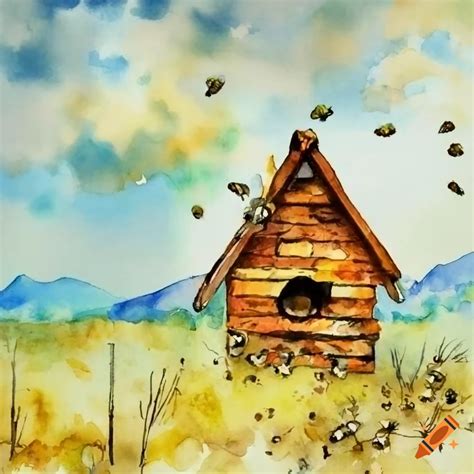 Watercolour Illustration Of A Bee House In A Scenic Setting On Craiyon