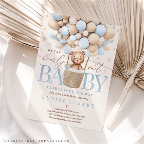 Editable Teddy Bear Hot Air Balloon Baby Shower Invitation Boy Etsy