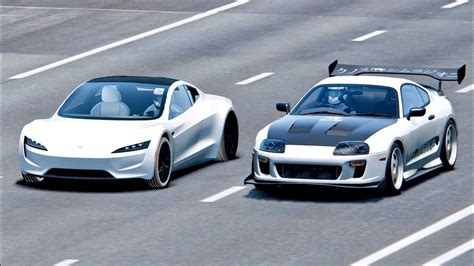 Watch New Tesla Roadster Take Down Toyota Supra Simulated Race Video